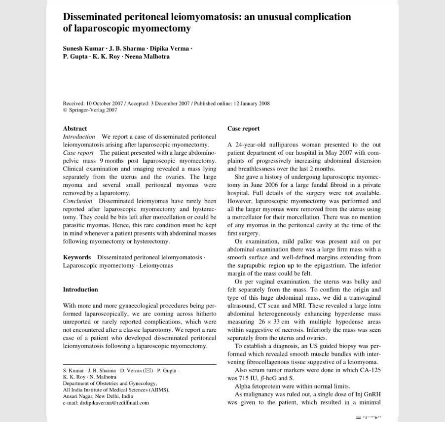 Disseminated peritoneal leiomyomatosis: an unusual complication of laparoscopic myomectomy