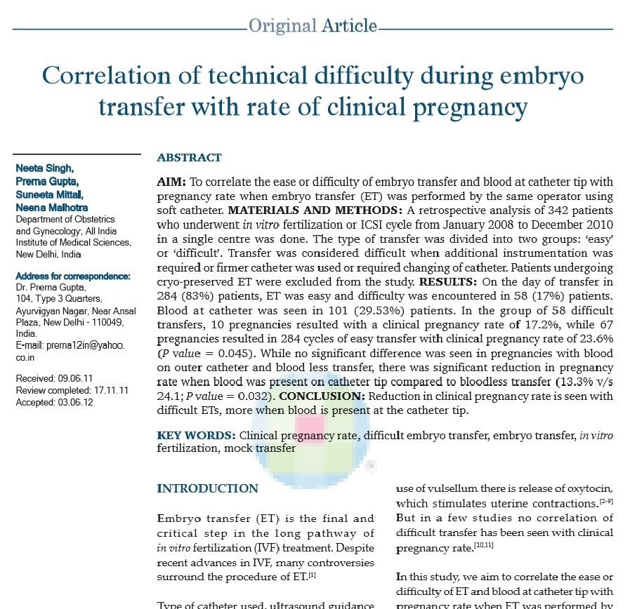 Correlation of technical difficulty during embryo transfer with rate of clinical pregnancy