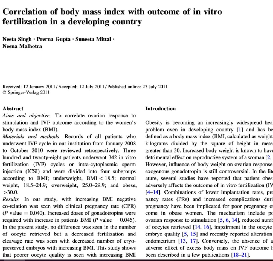 Correlation of body mass index with outcome of in vitro fertilization in a developing country